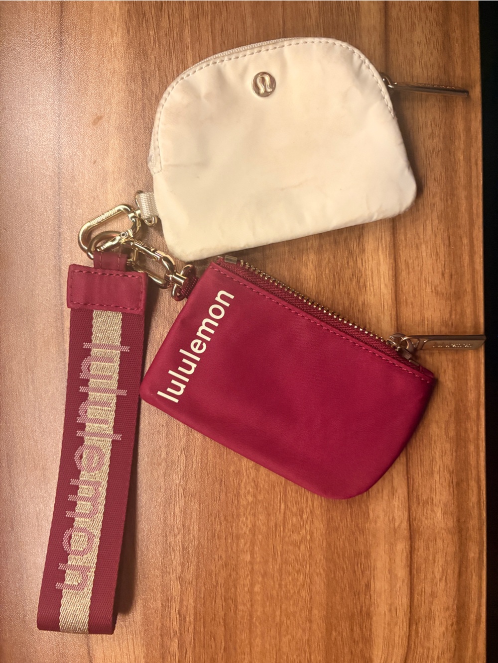 lululemon burgundy and cream dual pouch wristlet